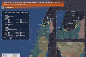 Bản đồ xung đột Israel - Hamas ngày 1/6. (Ảnh: Rybar)