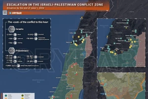 Bản đồ xung đột Israel - Hamas ngày 1/6. (Ảnh: Rybar)