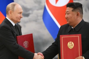 Tổng thống Nga Vladimir Putin và nhà lãnh đạo Triều Tiên Kim Jong-Un. (Ảnh: Kristina Kormilitsyna; RIA Novosti)