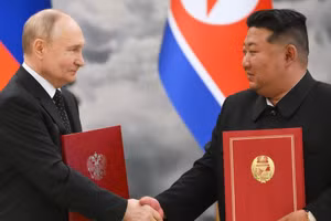 Tổng thống Nga Vladimir Putin và nhà lãnh đạo Triều Tiên Kim Jong-Un. (Ảnh: Kristina Kormilitsyna; RIA Novosti)