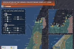 Bản đồ xung đột Israel - Hamas ngày 8/5. (Ảnh: Rybar)