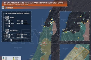 Bản đồ xung đột Israel - Hamas ngày 22/4. (Ảnh: Rybar)