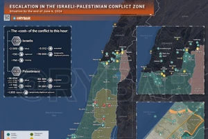 Bản đồ xung đột Israel - Hamas ngày 6/6. (Ảnh: Rybar)