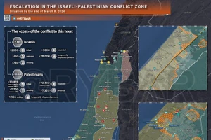 Bản đồ xung đột Israel - Hamas ngày 8/3. (Ảnh: Rybar)