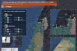 Bản đồ xung đột Israel - Hamas ngày 1/4. (Ảnh: Rybar)