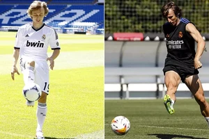 Modric (trái) trong buổi ra mắt Real Madrid năm 2012 và bức ảnh của anh trên sân tập gần đây.