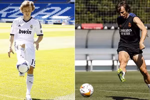 Modric (trái) trong buổi ra mắt Real Madrid năm 2012 và bức ảnh của anh trên sân tập gần đây.