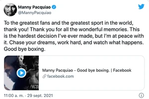 Huyền thoại quyền Anh Pacquiao chính thức xác nhận giã từ võ đài.