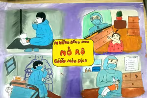 Bức tranh của thiếu nhi tỉnh Bến Tre thể hiện sự tri ân đối với những chiến sĩ, y bác sĩ... trong phòng chống dịch. (Ảnh: Ban TTNTH)