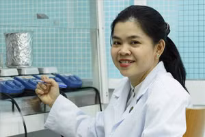 PGS.TS Nguyễn Thị Hiệp và các mẫu hydrogel với nồng độ alginate và chitosan khác nhau.