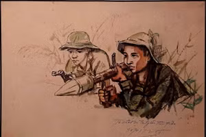 Ký họa Tổ chốt tại trung tâm Tiên Phước, được họa sĩ Phạm Hồng vẽ năm 1972.