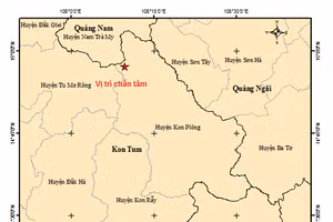 Bản đồ tâm chấn động đất ở Kon Tum vào lúc 12 giờ 14 phút, ngày 9/2. Ảnh: Viện Vật lý địa cầu.