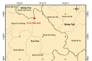 Bản đồ tâm chấn động đất ở Kon Tum vào lúc 12 giờ 14 phút, ngày 9/2. Ảnh: Viện Vật lý địa cầu.