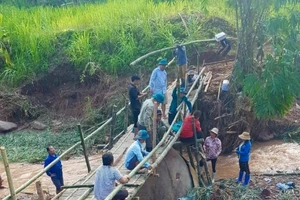 Quân, dân chung tay làm cầu tạm cho hàng trăm học sinh ở “rốn lũ” Nậm Nhừ qua suối đến trường.