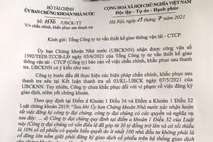 Văn bản của Thanh tra UBCKNN gửi TEDI yêu cầu doanh nghiệp thực hiện đúng quy định của pháp luật về việc phải đăng ký giao dịch, niêm yết chứng khoán. 