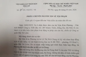 Phiếu chuyển nguồn tin về tội phạm của Vụ Thực hành quyền công tố và kiểm sát điều tra án xâm phạm hoạt động tư pháp và tham nhũng, chức vụ xảy ra trong hoạt động tư pháp (Vụ 6) Viện kiểm sát nhân dân tối cao liên quan đến vụ việc.