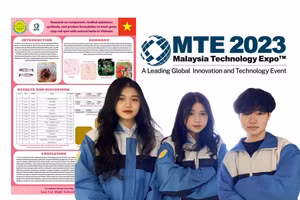 (Từ trái sang) 3 học sinh Hoàng Minh Huyền, Bùi Hương Ly và Hoàng Tuấn Hiệp