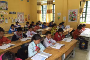 120 HS Trường TH số 2 thị trấn Mường Khương - Điểm trường Sả Hồ hàng ngày đến trường qua cây cầu bắc tạm.