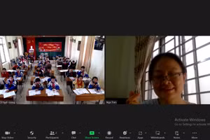 Lớp học trực tuyến của cô Trần Thị Nga - Trường THCS Cầu Giấy (quận Cầu Giấy) và học sinh Trường Tiểu học & THCS Suối Giàng (Văn Chấn, Yên Bái). Ảnh: NVCC