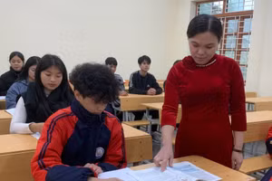 Cô Đồng Thị Thoa, giáo viên Trường THPT Đình Lập hướng dẫn học sinh ôn lại bài. Ảnh: NVCC