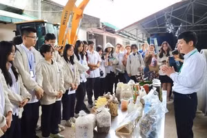 Học sinh Trường THPT Chu Văn An (Hà Nội) nghe giới thiệu về một số ngành đào tạo của Học viện Nông nghiệp Việt Nam. Ảnh: NTCC