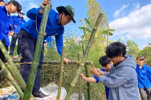 Thầy Võ Ngọc Bia (đội nón tai bèo) cùng đoàn viên thực hiện công trình chống sạt lở “Bờ tre xanh”.