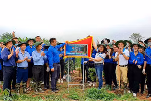 ThS Lê Mạnh Hùng và đoàn viên thanh niên thực hiện công trình “Vườn cây thanh niên”. Ảnh: NVCC