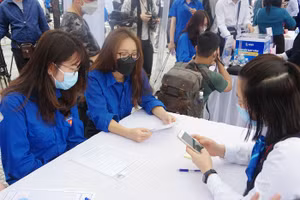 Các đoàn viên thanh niên tham gia Phiên giao dịch việc làm tại huyện Đông Anh.