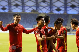Tuyển Việt Nam lên hạng 90 thế giới nhờ việc đánh bại Indonesia và Malaysia. (Ảnh: Hoàng Linh/TTXVN).