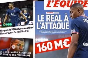 Các tờ báo Pháp viết về thương vụ Real Madrid ra giá 160 triệu euro cho Mbappe.