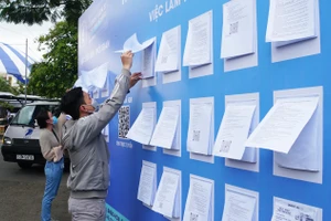 Sinh viên tìm hiểu việc làm tại ngày hội "Sinh viên và doanh nghiệp năm 2023" tại Trường Đại học Khoa học Tự nhiên, ĐHQG TPHCM.