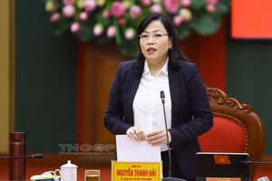 Bà Nguyễn Thanh Hải, UV BCH Trung ương Đảng, Bí thư Tỉnh ủy, Trưởng Đoàn ĐBQH tỉnh Thái Nguyên phát biểu tại Hội nghị (Ảnh: Thainguyen.gov.vn)