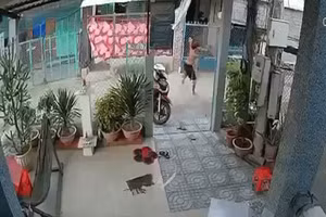 Hình ảnh Thanh chém bà T. được camera an ninh ghi lại.