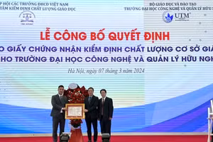 ông Nguyễn Đức Cường, Chánh Thanh tra Bộ GD&ĐT trao chứng nhận đạt chuẩn kiểm định chất lượng cơ sở giáo ĐH chu kỳ 2 cho Trường ĐH Công nghệ và Quản lý Hữu Nghị.