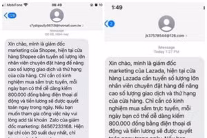 Những tin nhắn lừa đảo tuyển dụng cho các trang thương mại điện tử. Ảnh: Công an Kon Tum