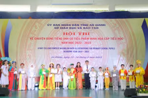 Giám đốc và Phó GĐ Sở GD&ĐT An Giang trao giải Hội thi "Kể chuyện bằng Tiếng Anh có tiểu phẩm minh họa" cấp tiểu học năm học 2022 - 2023.