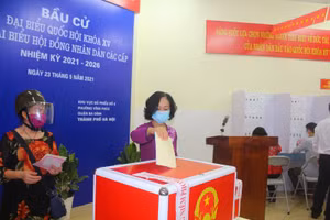 Ủy viên Bộ Chính trị, Trưởng Ban Tổ chức Trung ương Trương Thị Mai thực hiện bỏ phiếu bầu cử.