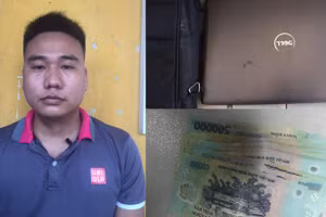 Nguyễn Tiến Thảo và tang vật tại cơ quan công an.