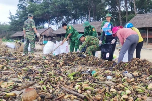 Cán bộ, chiến sĩ Đồn Biên phòng Chí Linh và các đoàn viên thanh niên, hội viên Hội Phụ nữ phường 10, TP Vũng Tàu tích cực dọn vệ sinh và thu gom rác thải.