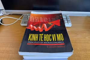 Một số cuốn giáo trình cũ được tân sinh viên Trường Đại học Kinh tế TPHCM tìm mua ở các tiệm sách cũ. Ảnh: NVCC