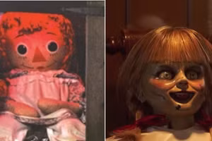 Búp bê Annabelle đời thực (trái) và trong phim. 