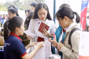 Tình nguyện viên hướng dẫn thí sinh quy định đăng ký nhập học. Ảnh minh họa