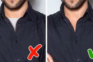 Mặc sơ mi lộ áo trong: Nếu anh chàng muốn mặc áo cotton bên trong sơ mi để thấm hút mồ hôi. Nhưng áo trong được coi là "nội y" và nó sẽ phá hỏng tổng thể của bộ trang phục nếu lộ ra ngoài. Bởi vậy, bạn nên chọn áo trong có cổ chữ V hoặc khoét cổ sâu hơn độ mở cúc của sơ mi.