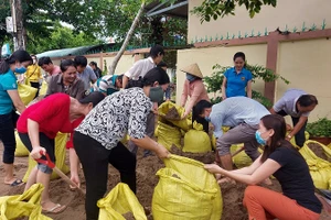 Thầy cô giáo Trường Tiểu học Thị trấn 1, huyện Vĩnh Thuận (Kiên Giang) gia cố trường học bằng bao cát để kịp đón HS trở lại lớp.