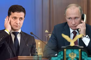 Tổng thống Ukraine Zelensky và Tổng thống Nga Putin (phải).