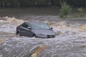 Một chiếc ô tô trong dòng nước lũ ở Australia.