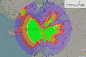 Tầm hoạt động của radar phòng không ở Syria. Màu xanh: 70m, vàng: 100m, cam: 500m, đỏ: 1.000m, tím: 3.000 mét, chàm: 6.000 mét.