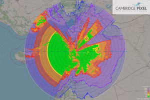 Tầm hoạt động của radar phòng không ở Syria. Màu xanh: 70m, vàng: 100m, cam: 500m, đỏ: 1.000m, tím: 3.000 mét, chàm: 6.000 mét.