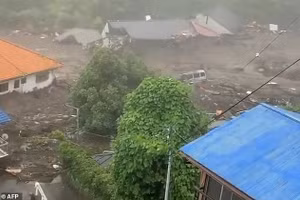 Lở đất cuốn trôi nhà cửa ở Nhật Bản.