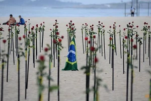 Cờ Brazil giữa những bông hoa đỏ do tổ chức phi chính phủ Rio de Paz đặt trên bãi biển Copacabana để tưởng nhớ đối với nửa triệu người Brazil thiệt mạng vì COVID-19 